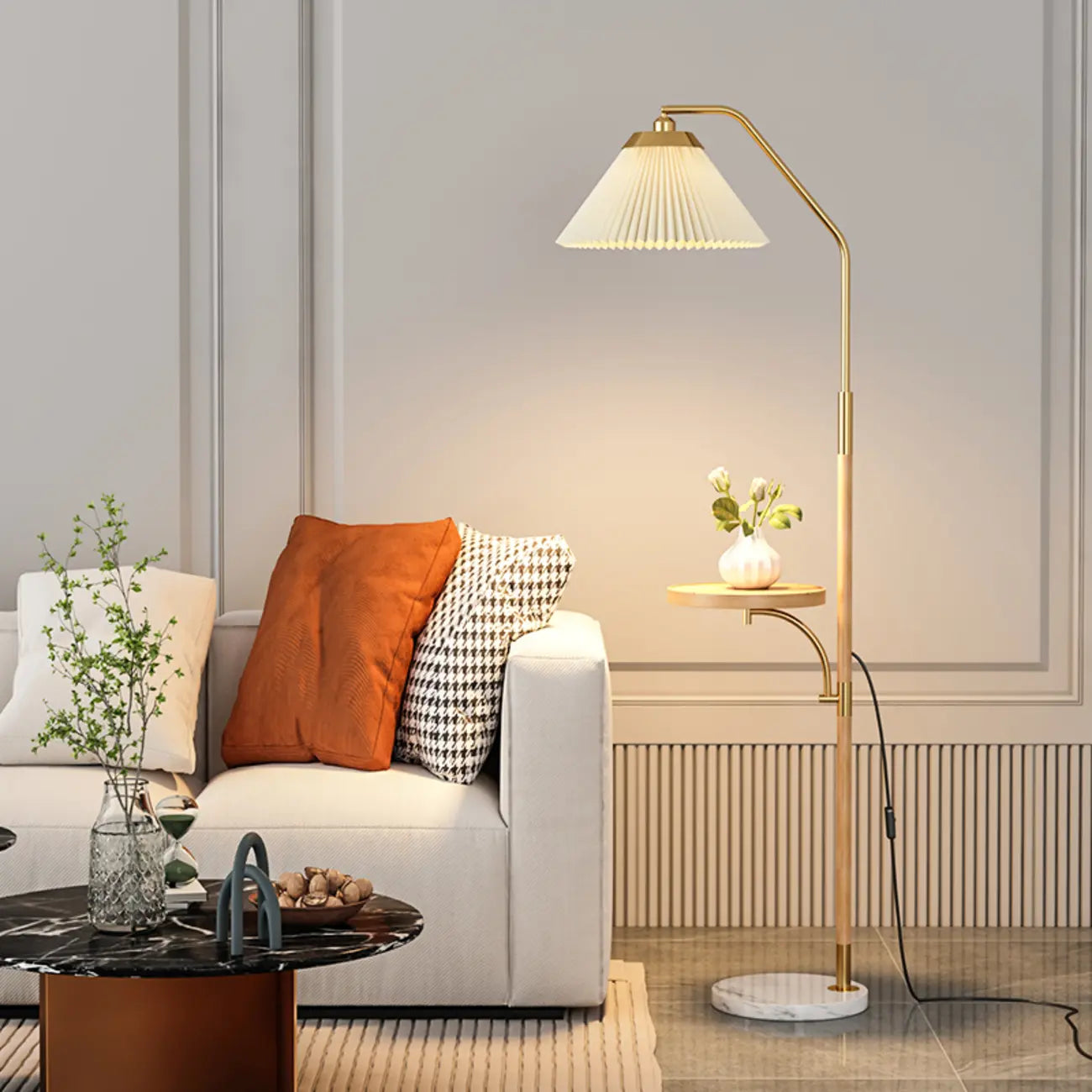 Modern White Cone Arc Floor Lamp with Table & Wireless Charger