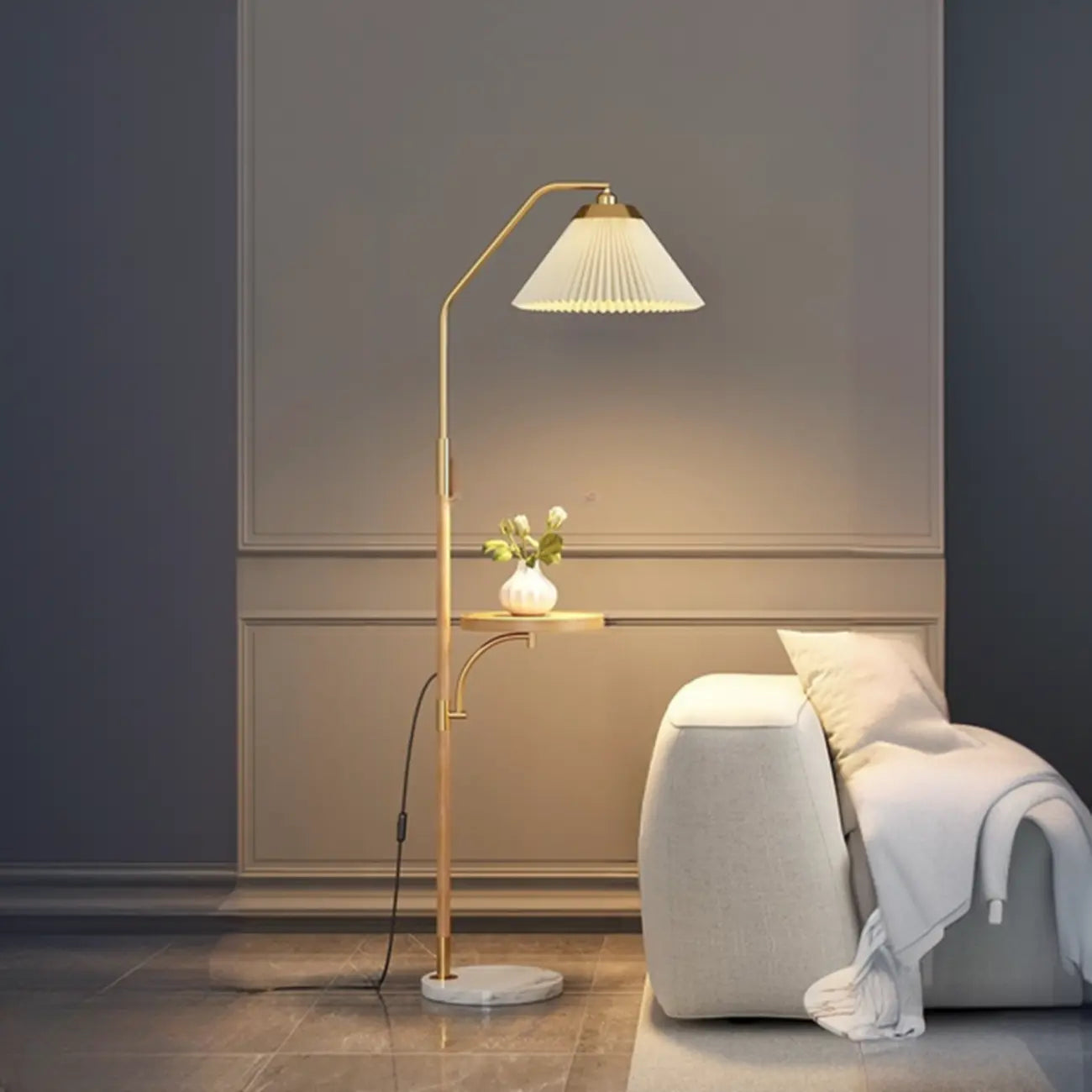 Modern White Cone Arc Floor Lamp with Table & Wireless Charger