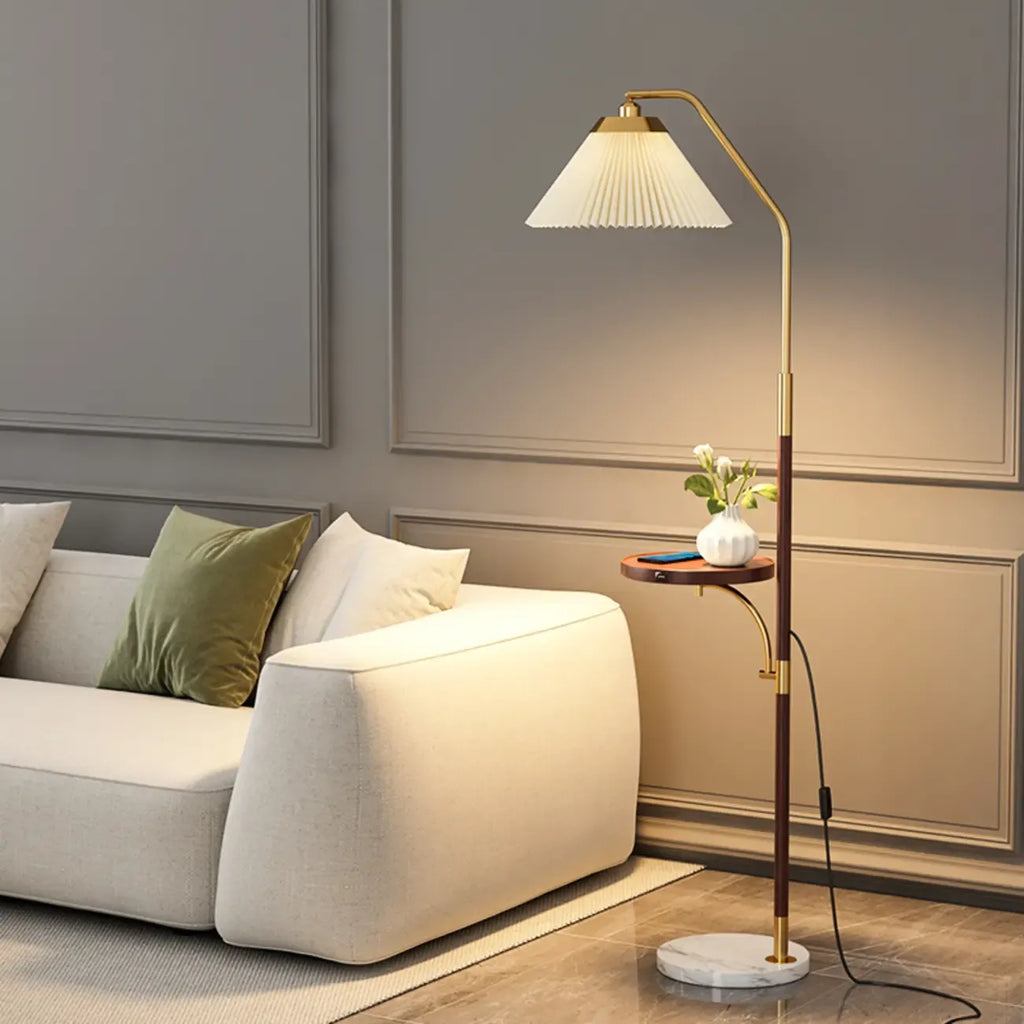Modern White Cone Arc Floor Lamp with Table & Wireless Charger