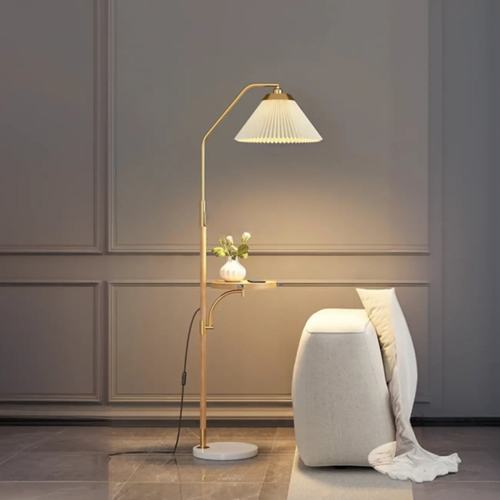 Modern White Cone Arc Floor Lamp with Table & Wireless Charger