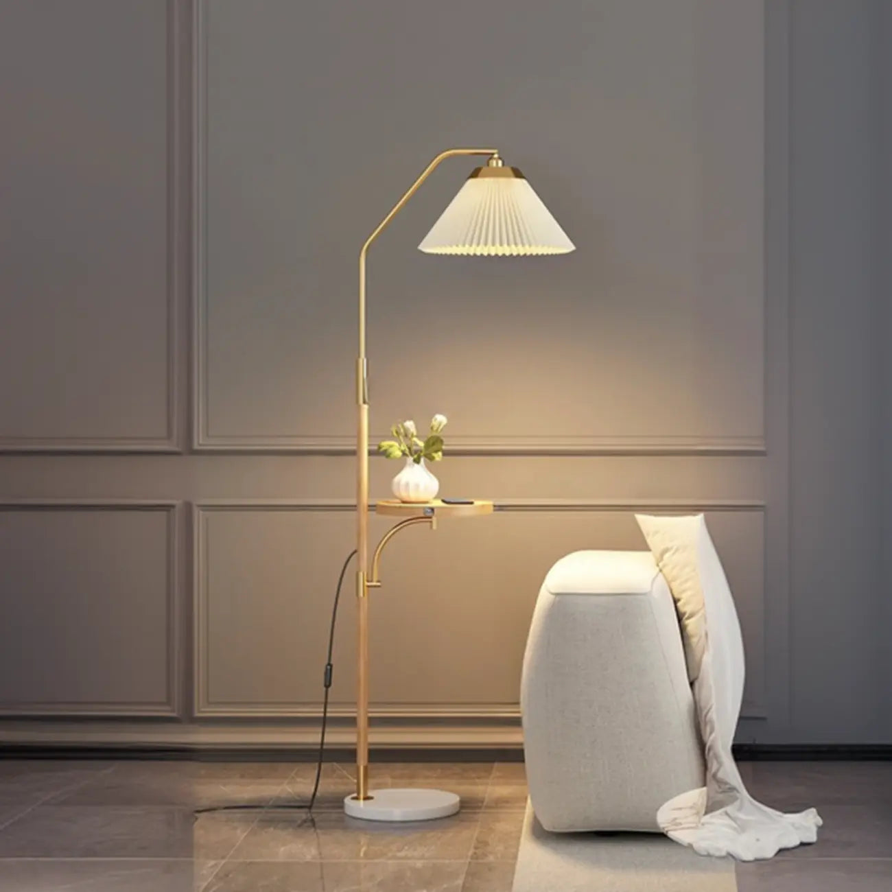 Modern White Cone Arc Floor Lamp with Table & Wireless Charger