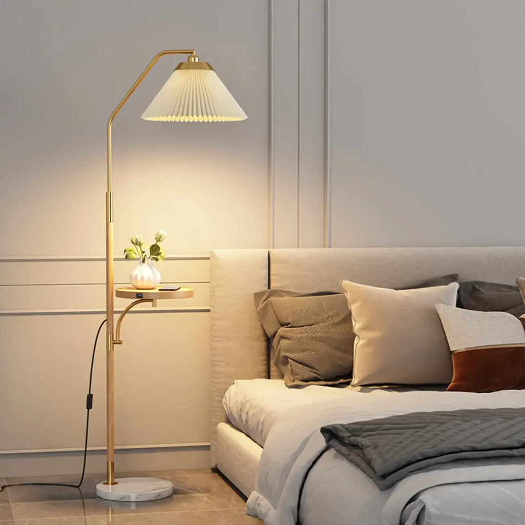 Modern White Cone Arc Floor Lamp with Table & Wireless Charger
