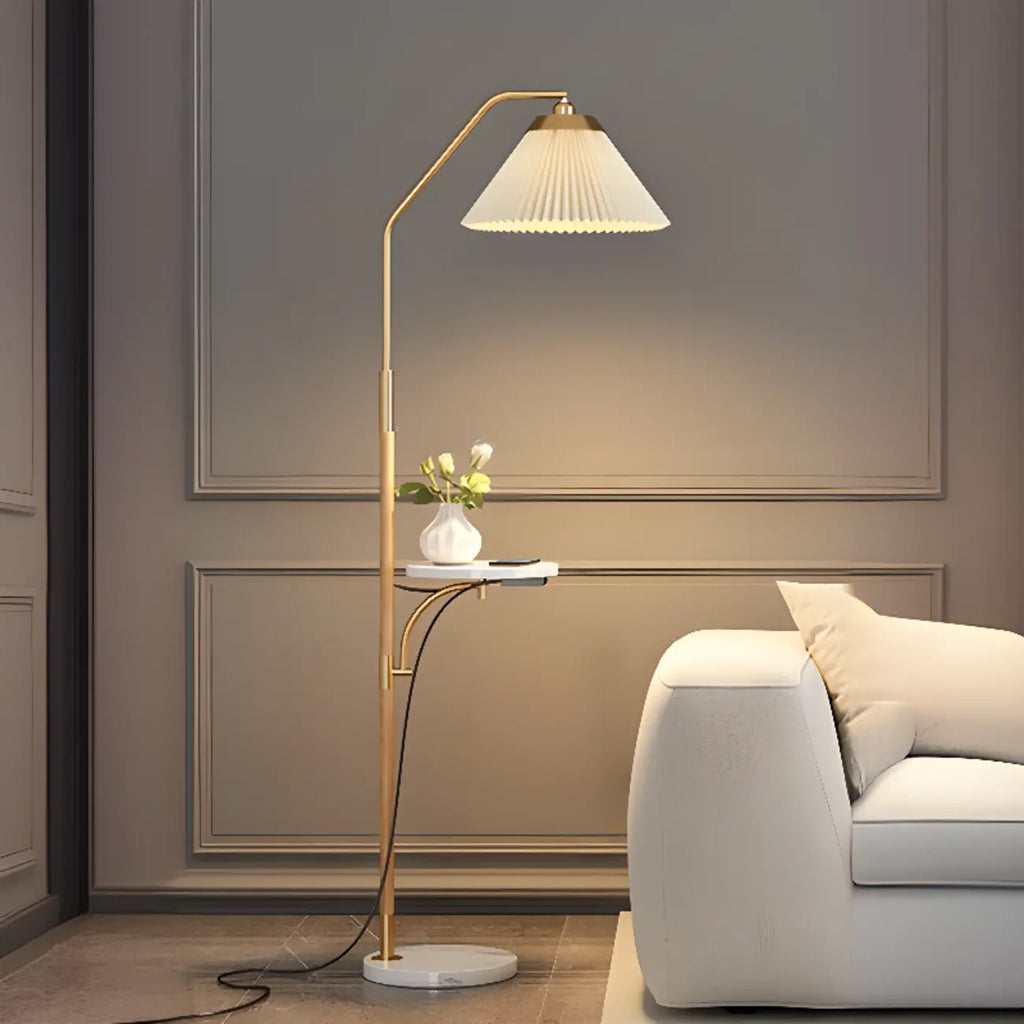 Modern White Cone Arc Floor Lamp with Table & Wireless Charger