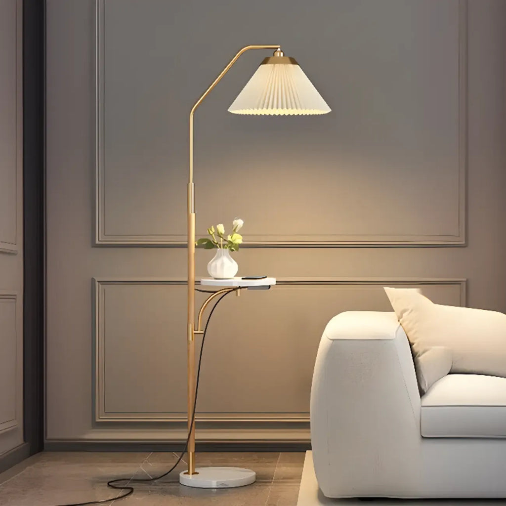 Modern White Cone Arc Floor Lamp with Table & Wireless Charger