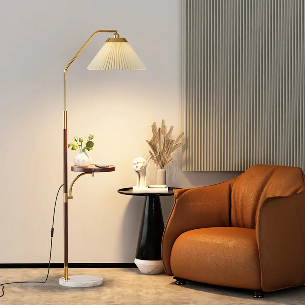 Modern White Cone Arc Floor Lamp with Table & Wireless Charger
