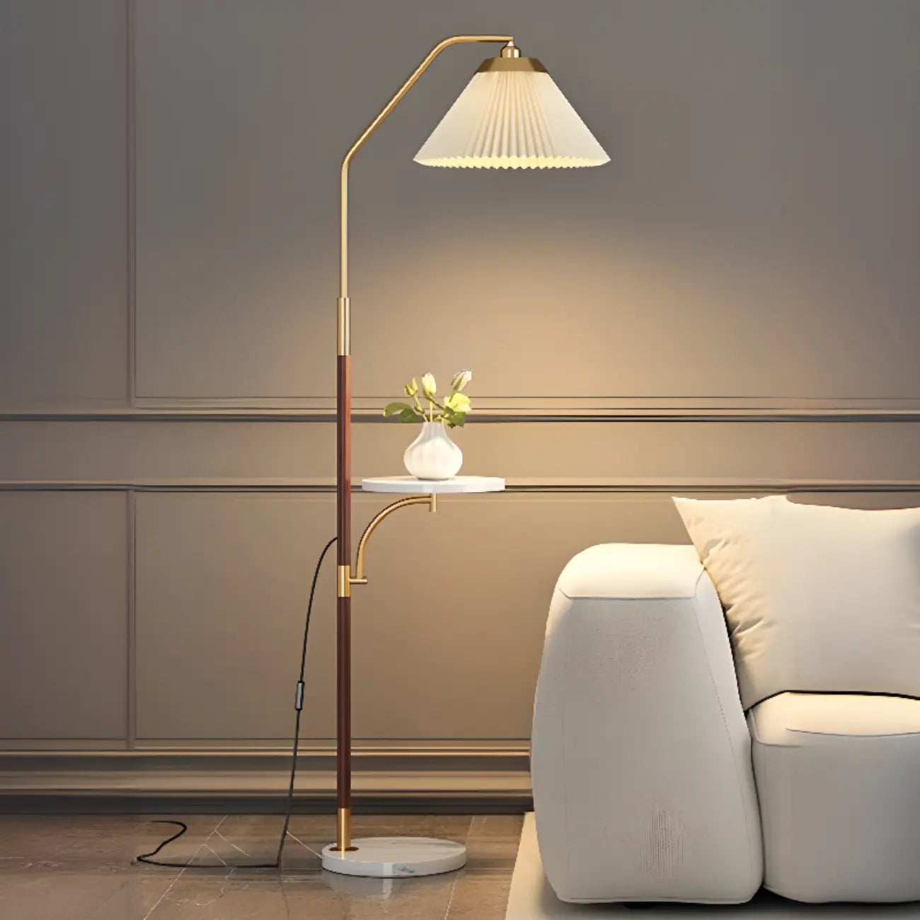 Modern White Cone Arc Floor Lamp with Table & Wireless Charger