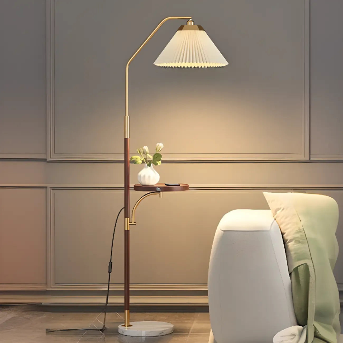 Modern White Cone Arc Floor Lamp with Table & Wireless Charger