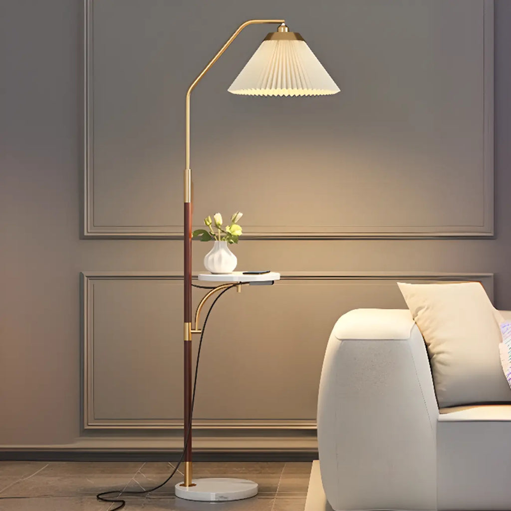 Modern White Cone Arc Floor Lamp with Table & Wireless Charger