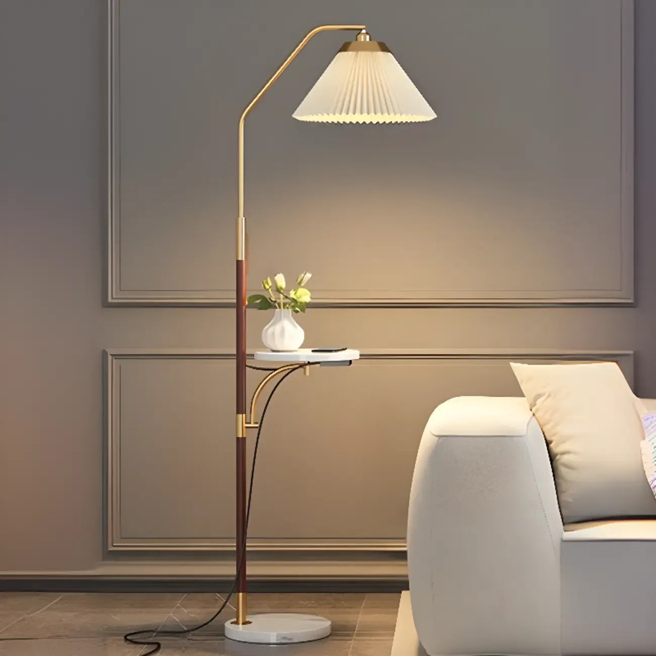Modern White Cone Arc Floor Lamp with Table & Wireless Charger