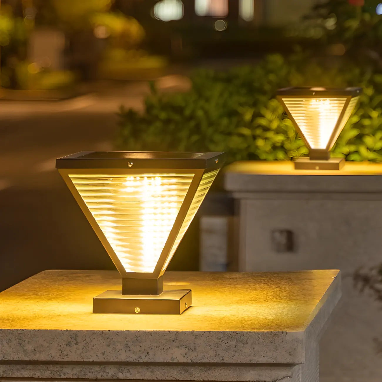 Modern Ribbing Black Pyramid Solar Outdoor Post Lights