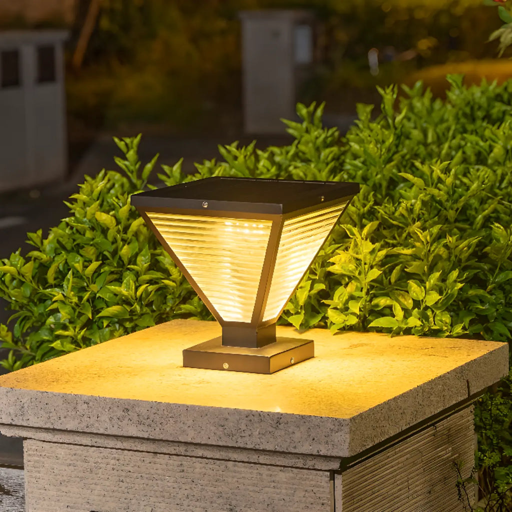 Modern Ribbing Black Pyramid Solar Outdoor Post Lights