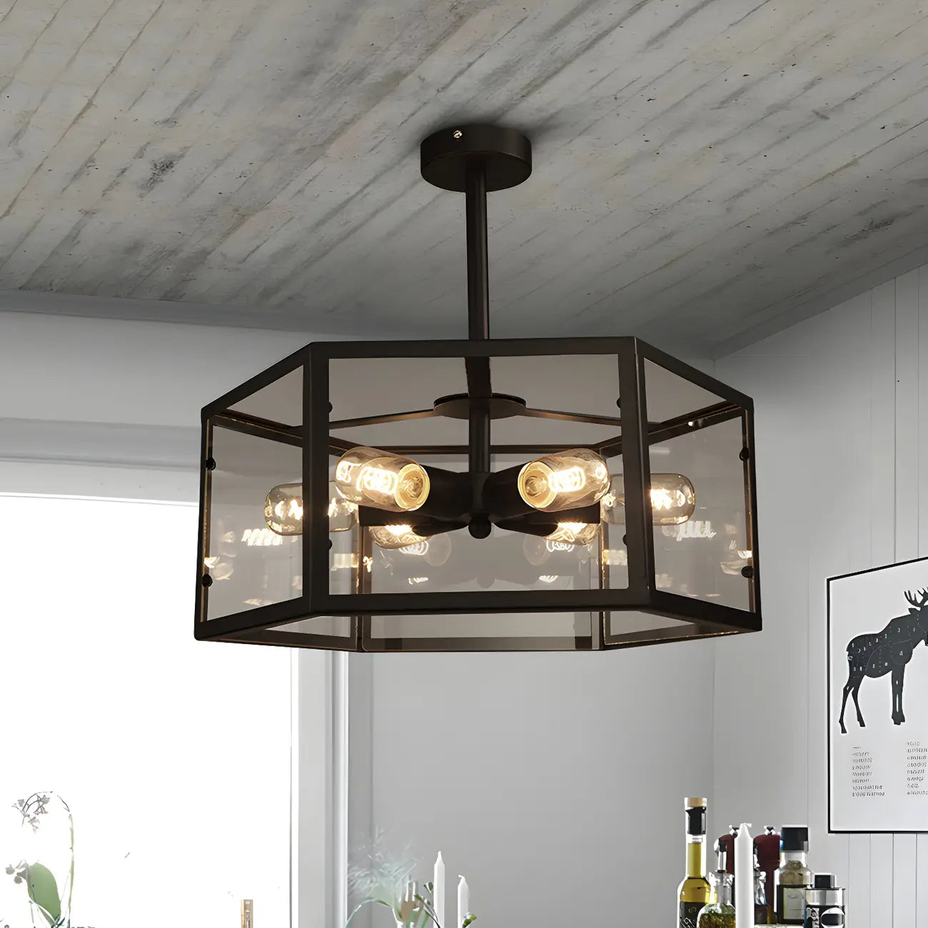 Industrial Black Hexagon Metal Semi Flush Ceiling Light