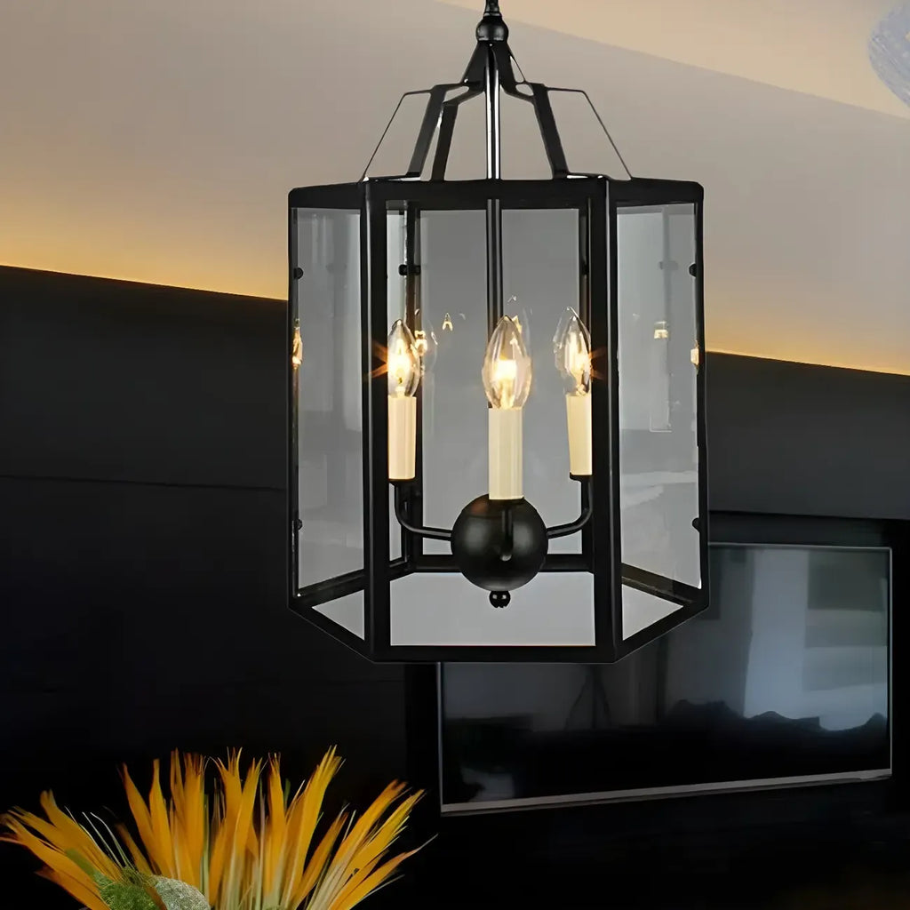 3-Light Clear Glass Hanging Chandelier Vintage Black/White Candle Pendant Light Fixture
