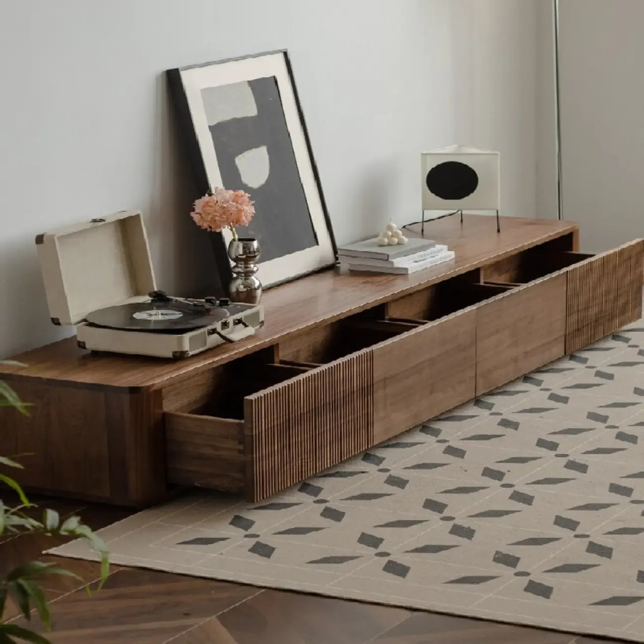 87 Mid-Century Modern Brown Wooden TV Stand with Drawers