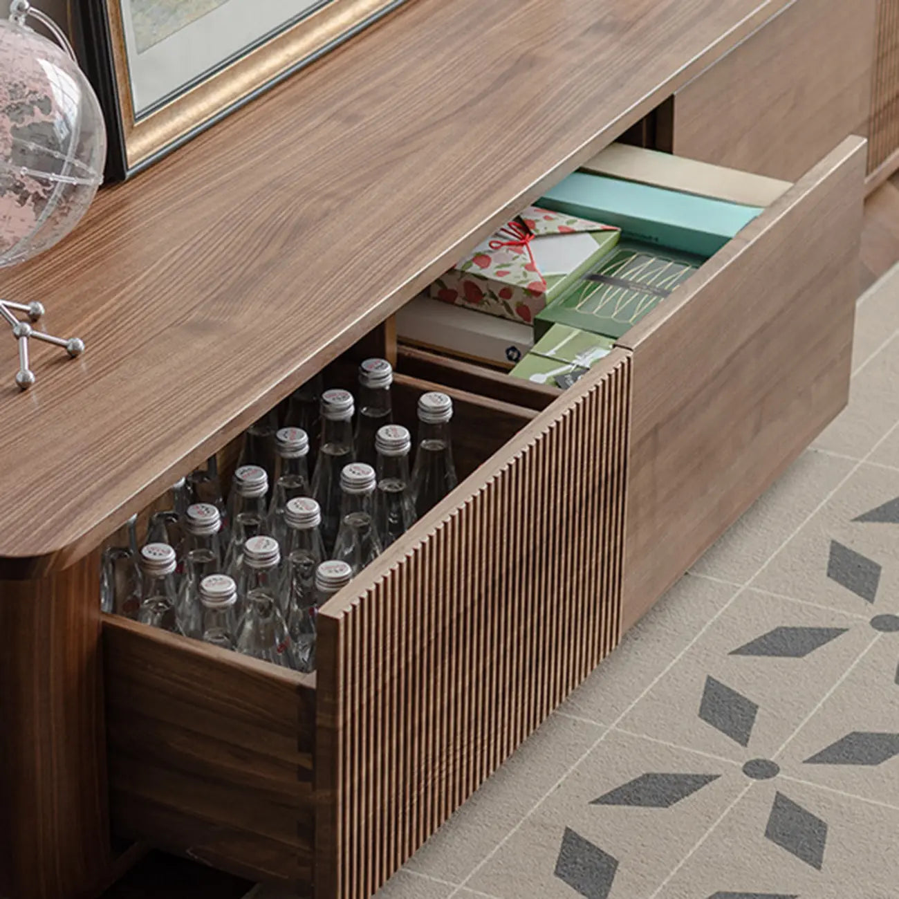 87 Mid-Century Modern Brown Wooden TV Stand with Drawers