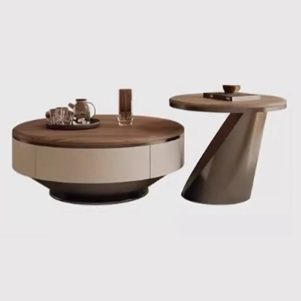 Brown 2 Drawers Elegant Round Wood Coffee Table