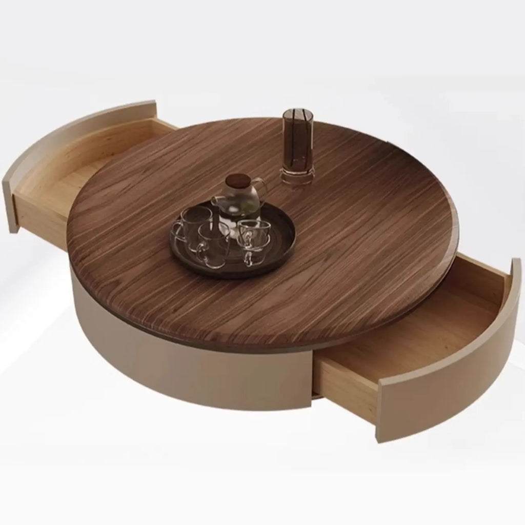 Brown 2 Drawers Elegant Round Wood Coffee Table