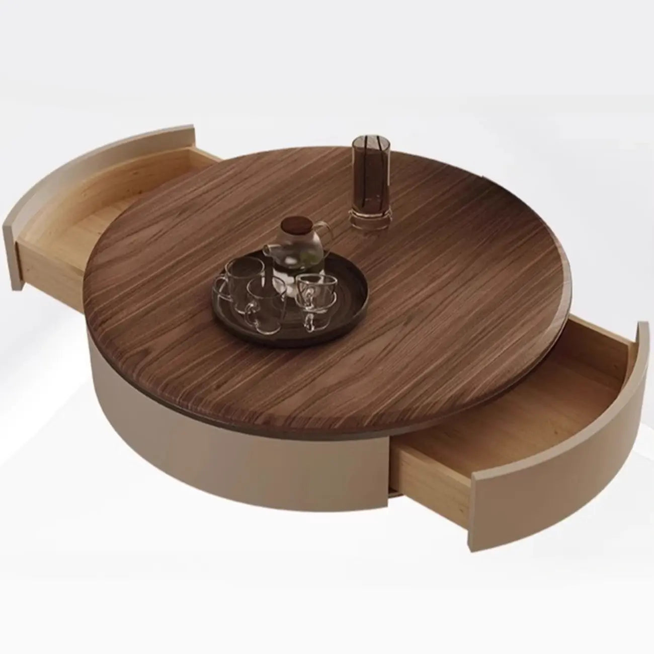 Brown 2 Drawers Elegant Round Wood Coffee Table