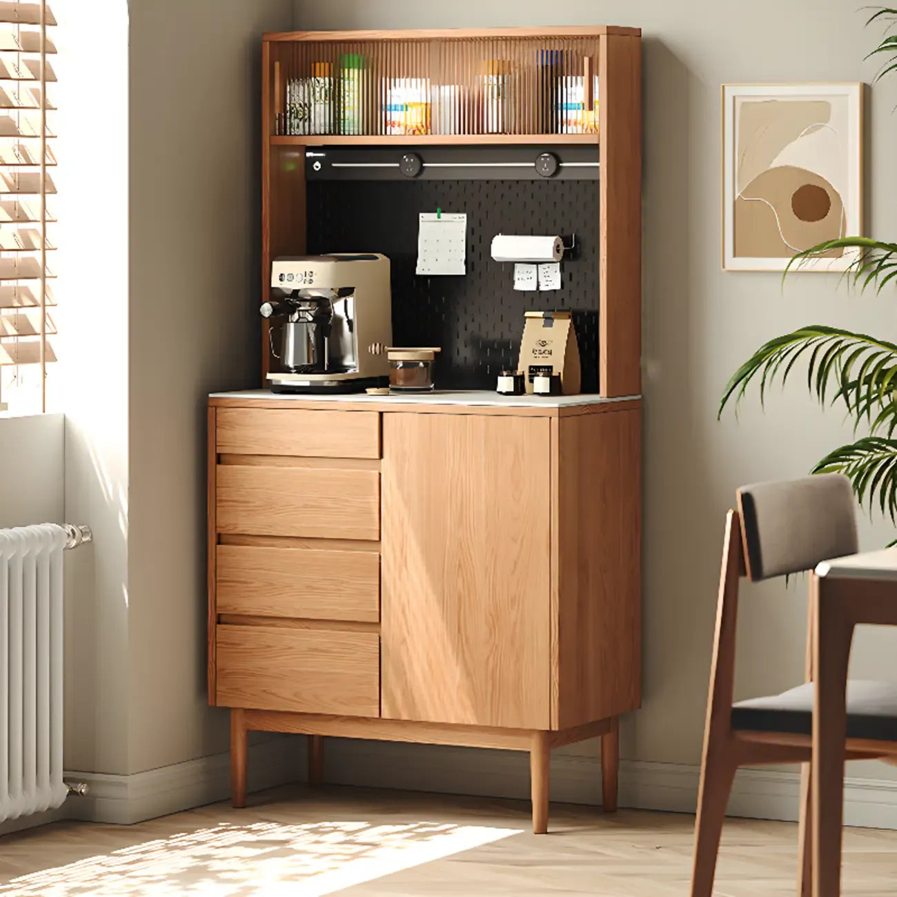Stone-Top 4-Drawer Wooden Sideboard Cabinet in Natural Finish