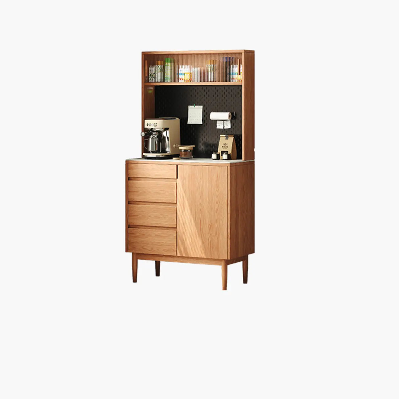 Stone-Top 4-Drawer Wooden Sideboard Cabinet in Natural Finish