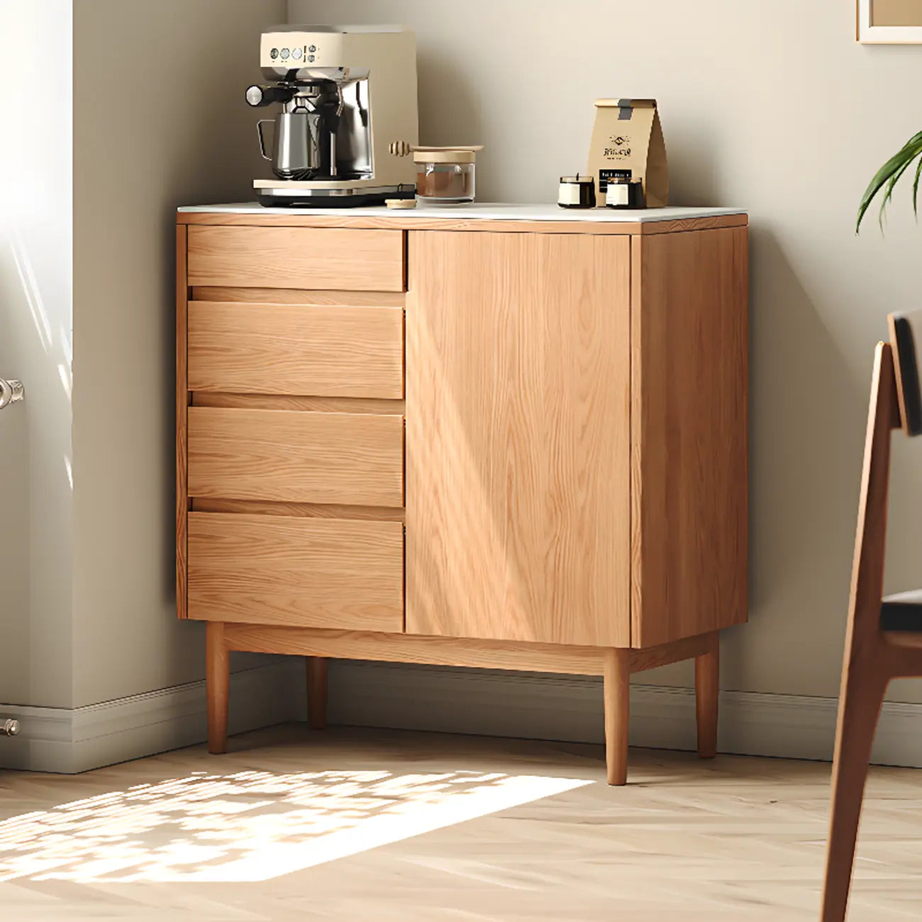 Stone-Top 4-Drawer Wooden Sideboard Cabinet in Natural Finish