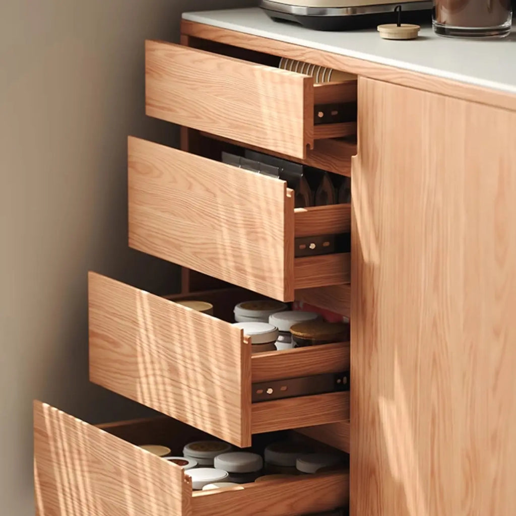 Stone-Top 4-Drawer Wooden Sideboard Cabinet in Natural Finish