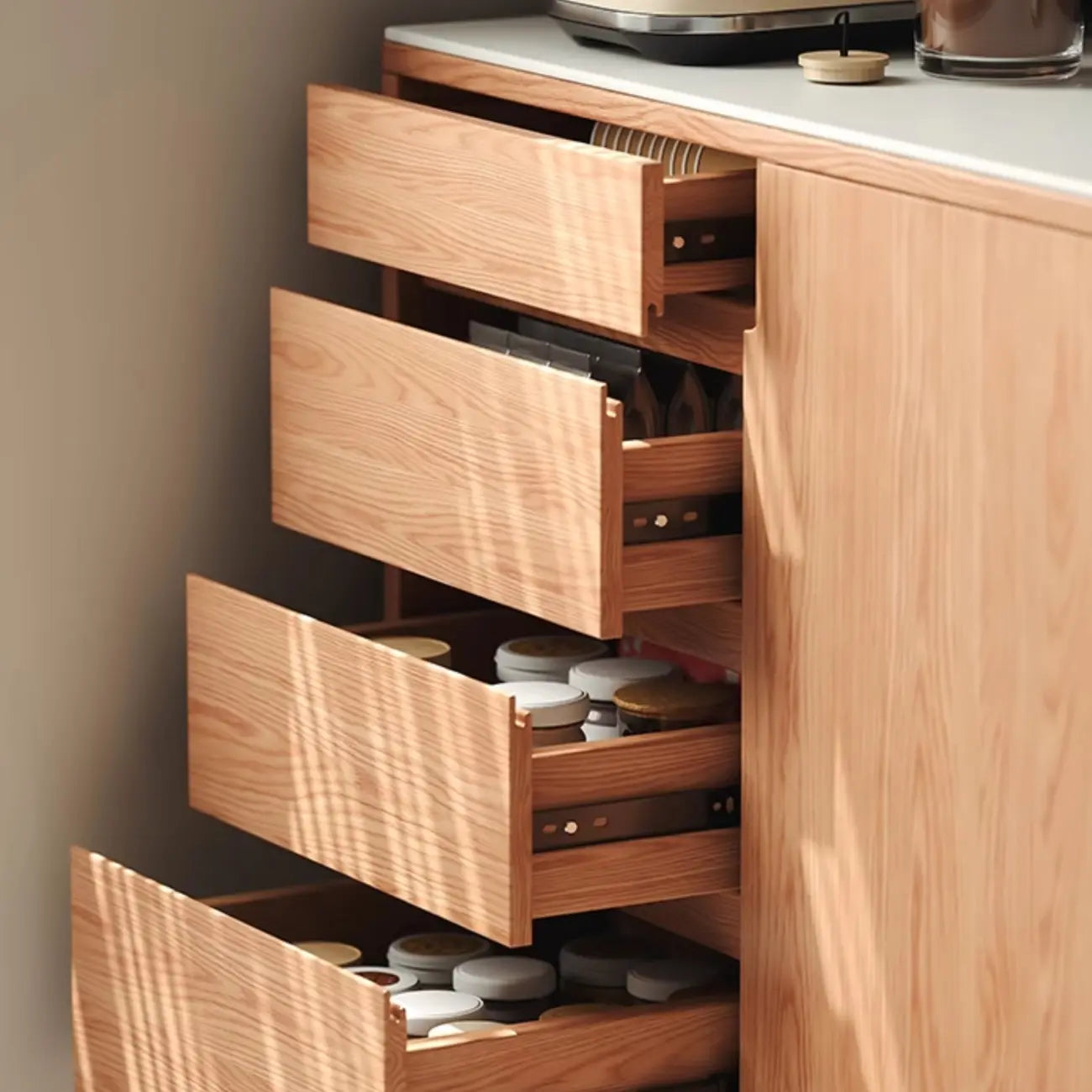 Stone-Top 4-Drawer Wooden Sideboard Cabinet in Natural Finish