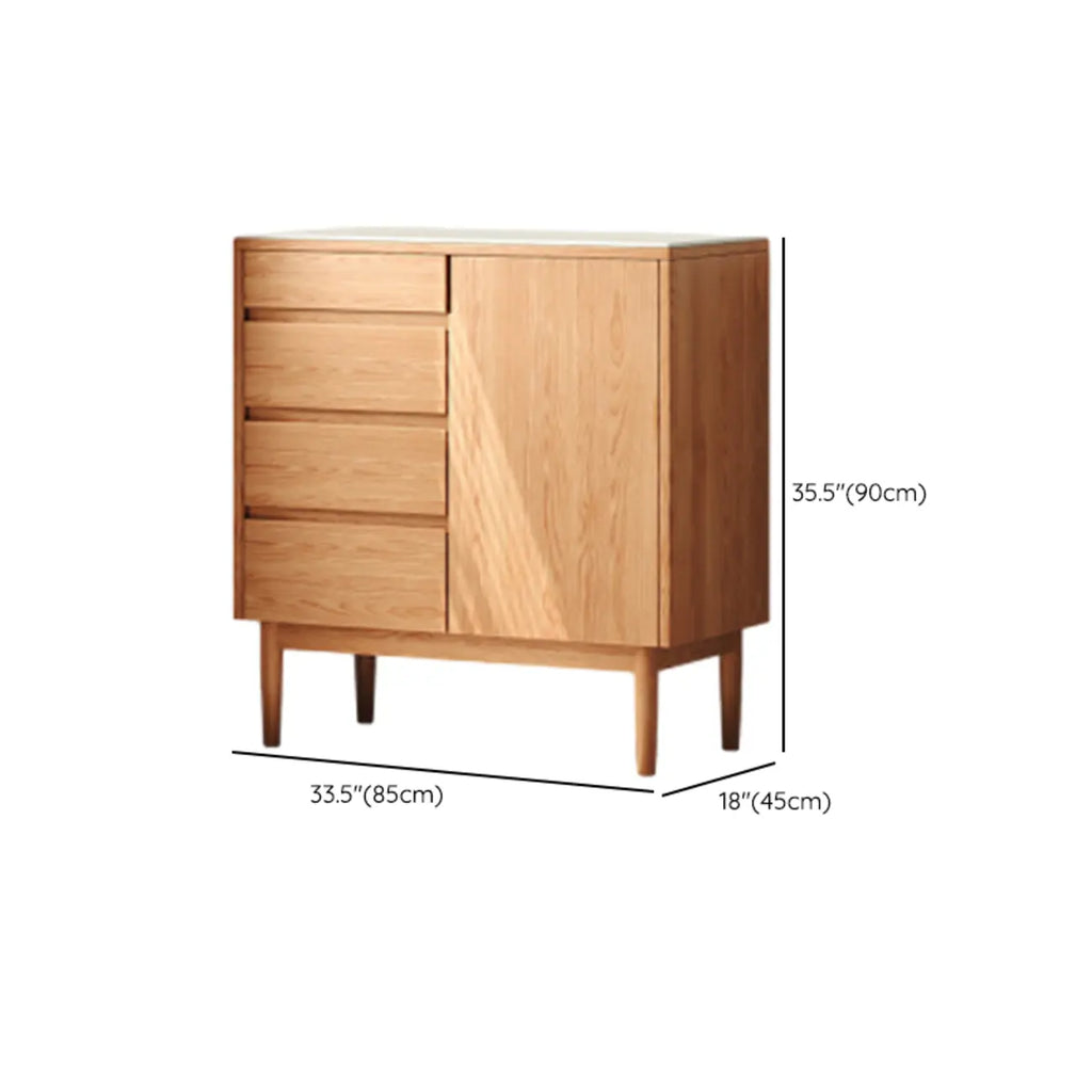 Stone-Top 4-Drawer Wooden Sideboard Cabinet in Natural Finish