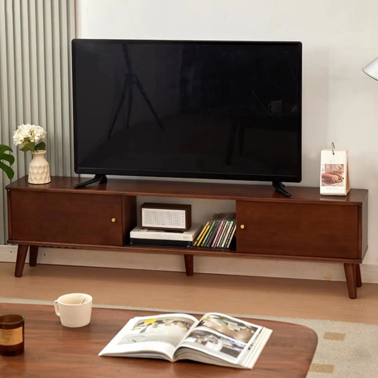 Modern Wood TV Stand with Storage, Cable Management
