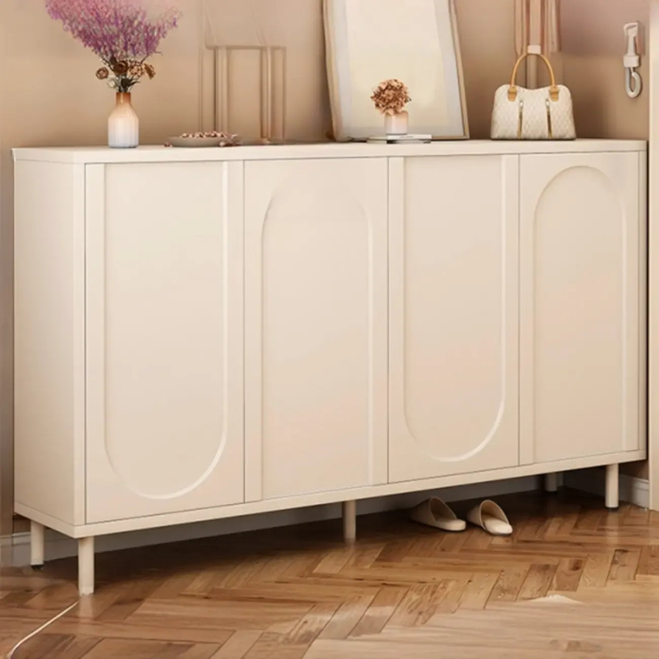 White Curved Panel Shoe Cabinet with Open Base Storages
