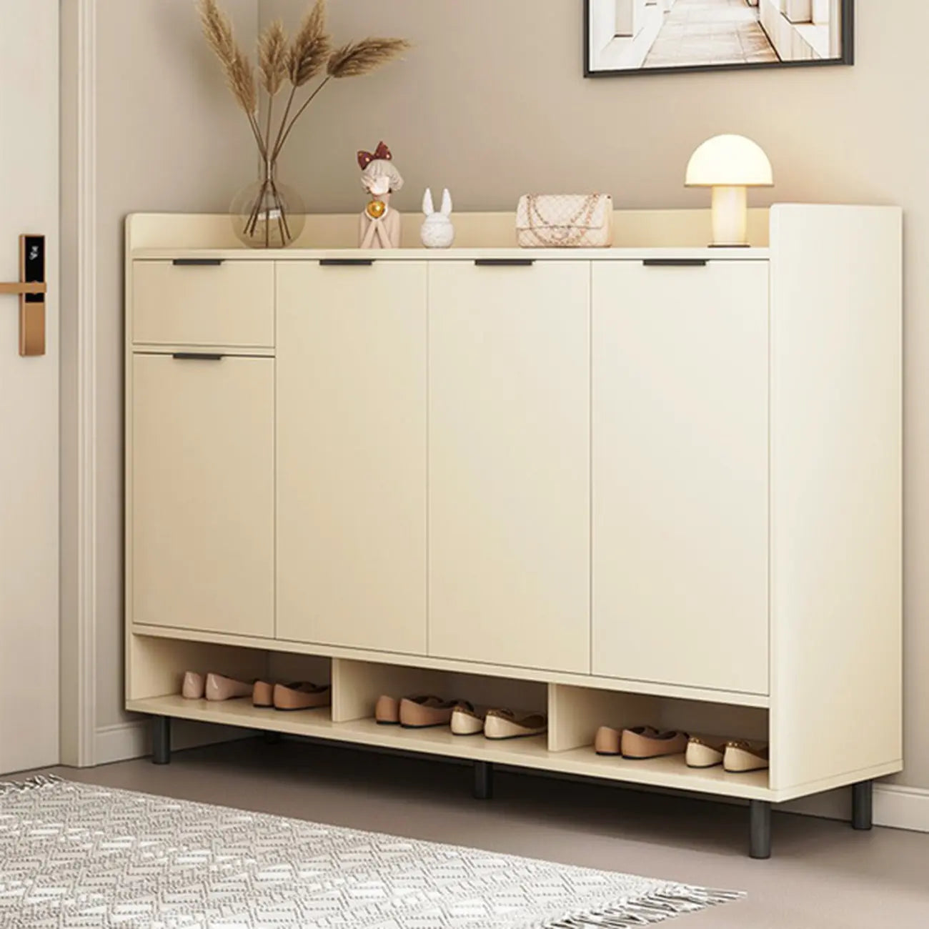 White Curved Panel Shoe Cabinet with Open Base Storages