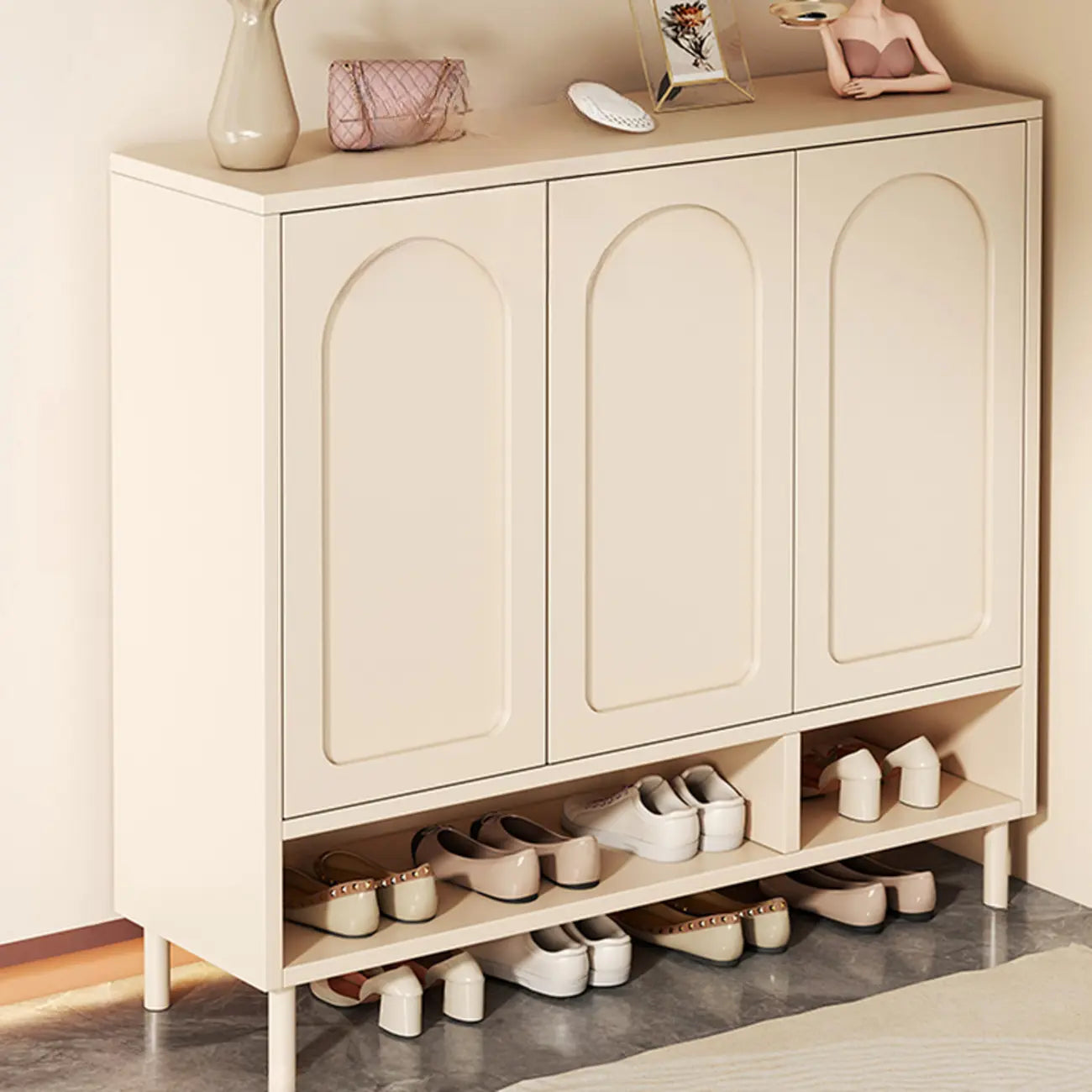 White Curved Panel Shoe Cabinet with Open Base Storages