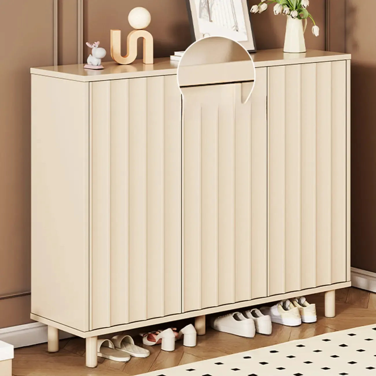 White Curved Panel Shoe Cabinet with Open Base Storages