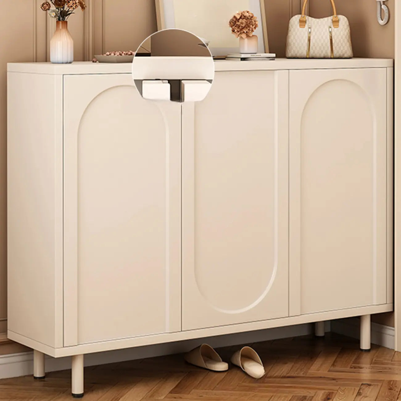 White Curved Panel Shoe Cabinet with Open Base Storages