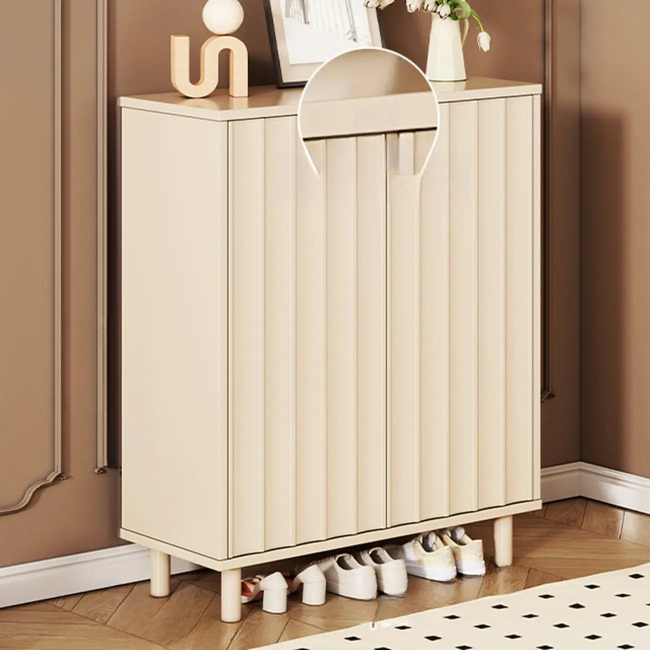 White Curved Panel Shoe Cabinet with Open Base Storages
