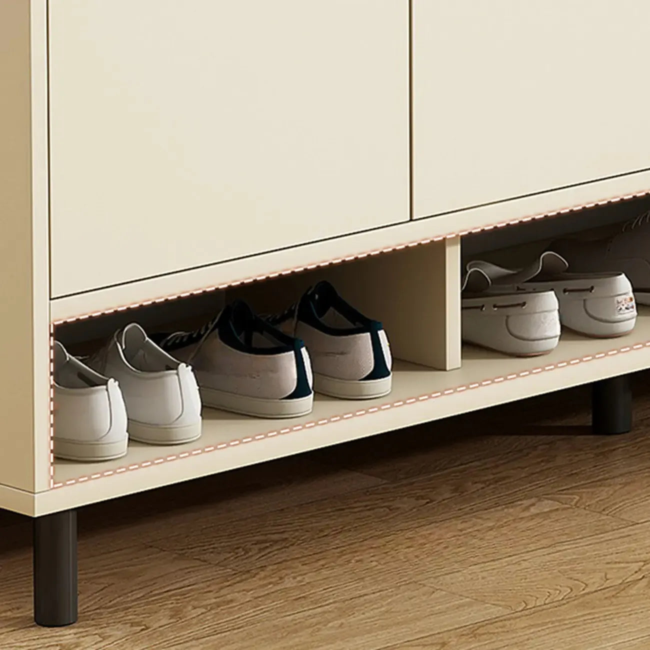 White Curved Panel Shoe Cabinet with Open Base Storages