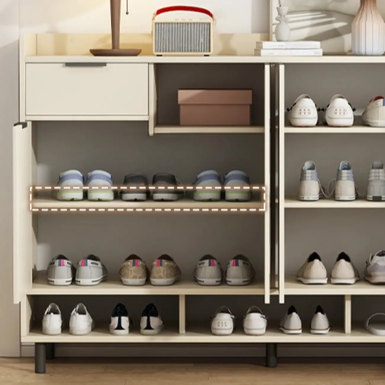 White Curved Panel Shoe Cabinet with Open Base Storages