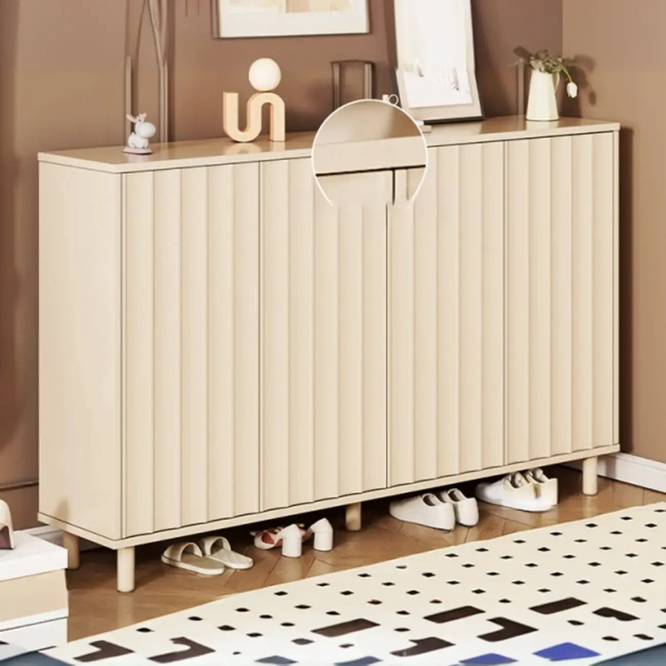 White Curved Panel Shoe Cabinet with Open Base Storages