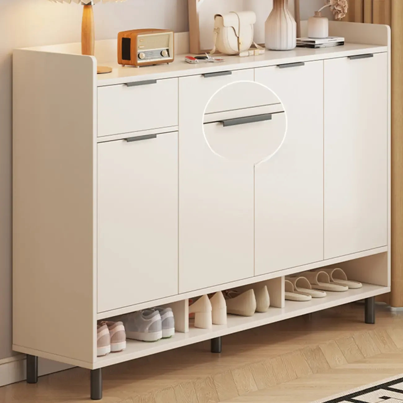 White Curved Panel Shoe Cabinet with Open Base Storages