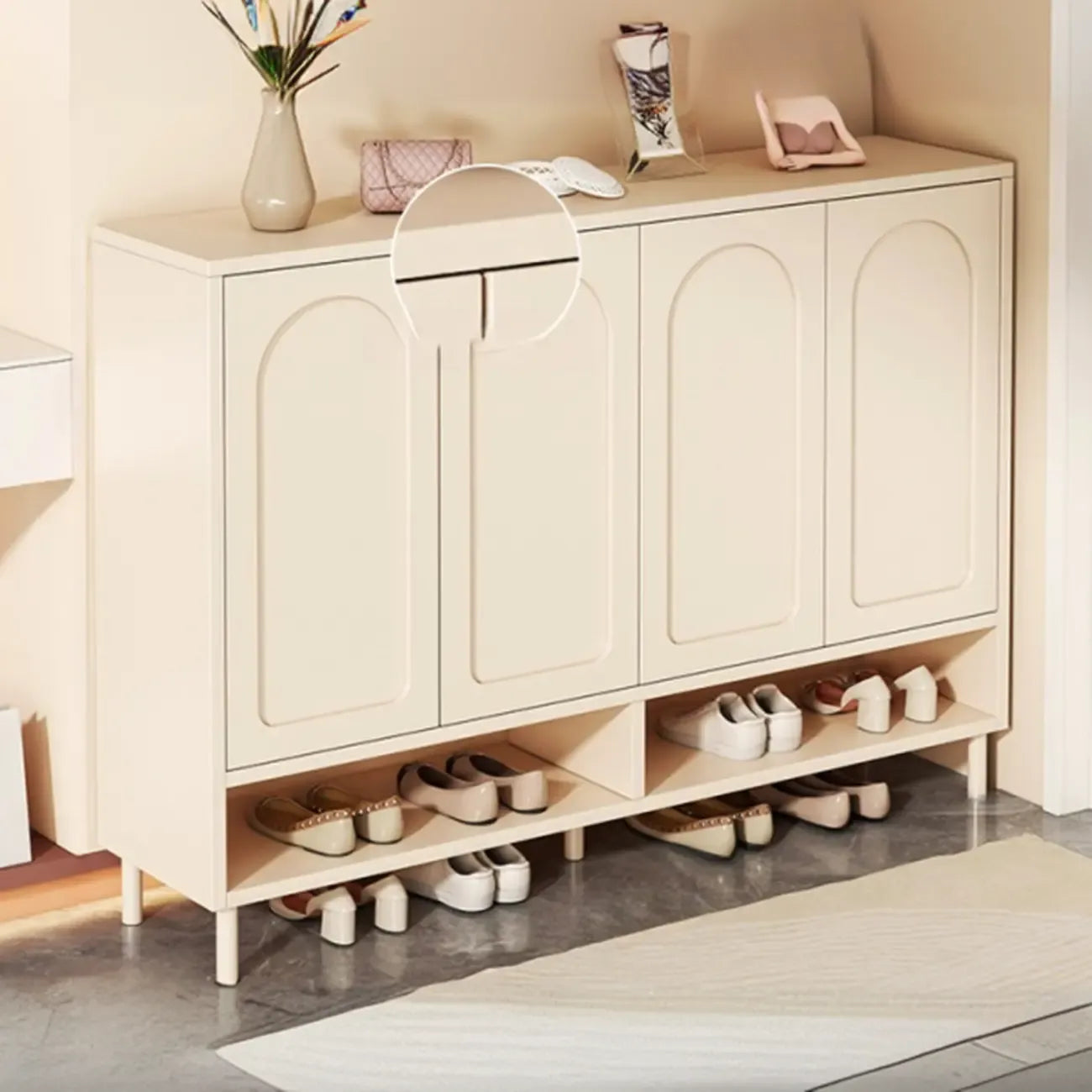 White Curved Panel Shoe Cabinet with Open Base Storages