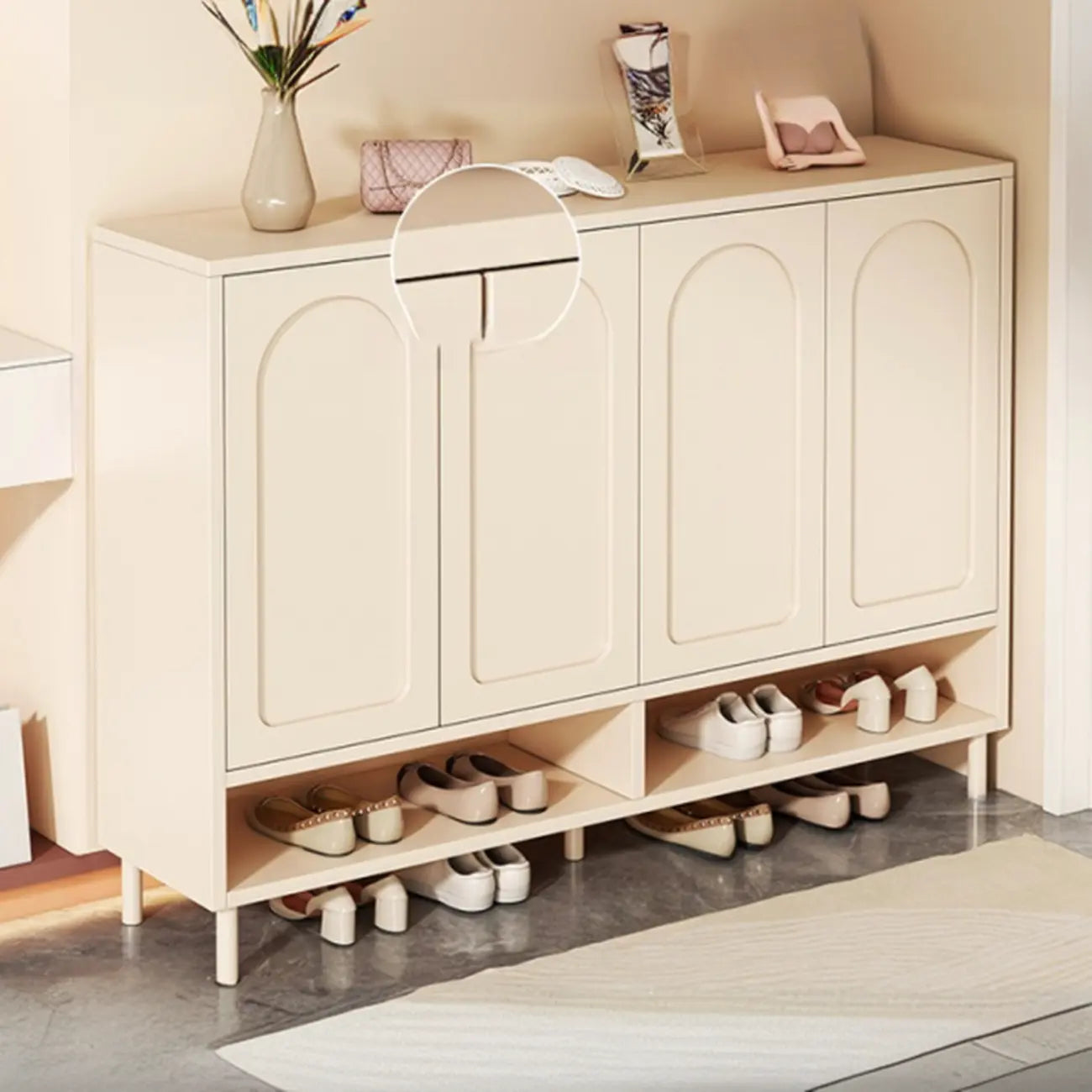 White Curved Panel Shoe Cabinet with Open Base Storages