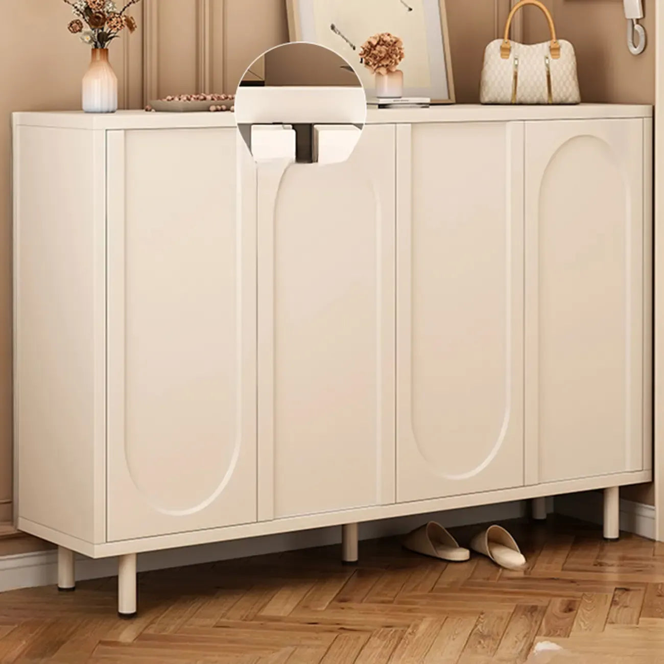 White Curved Panel Shoe Cabinet with Open Base Storages
