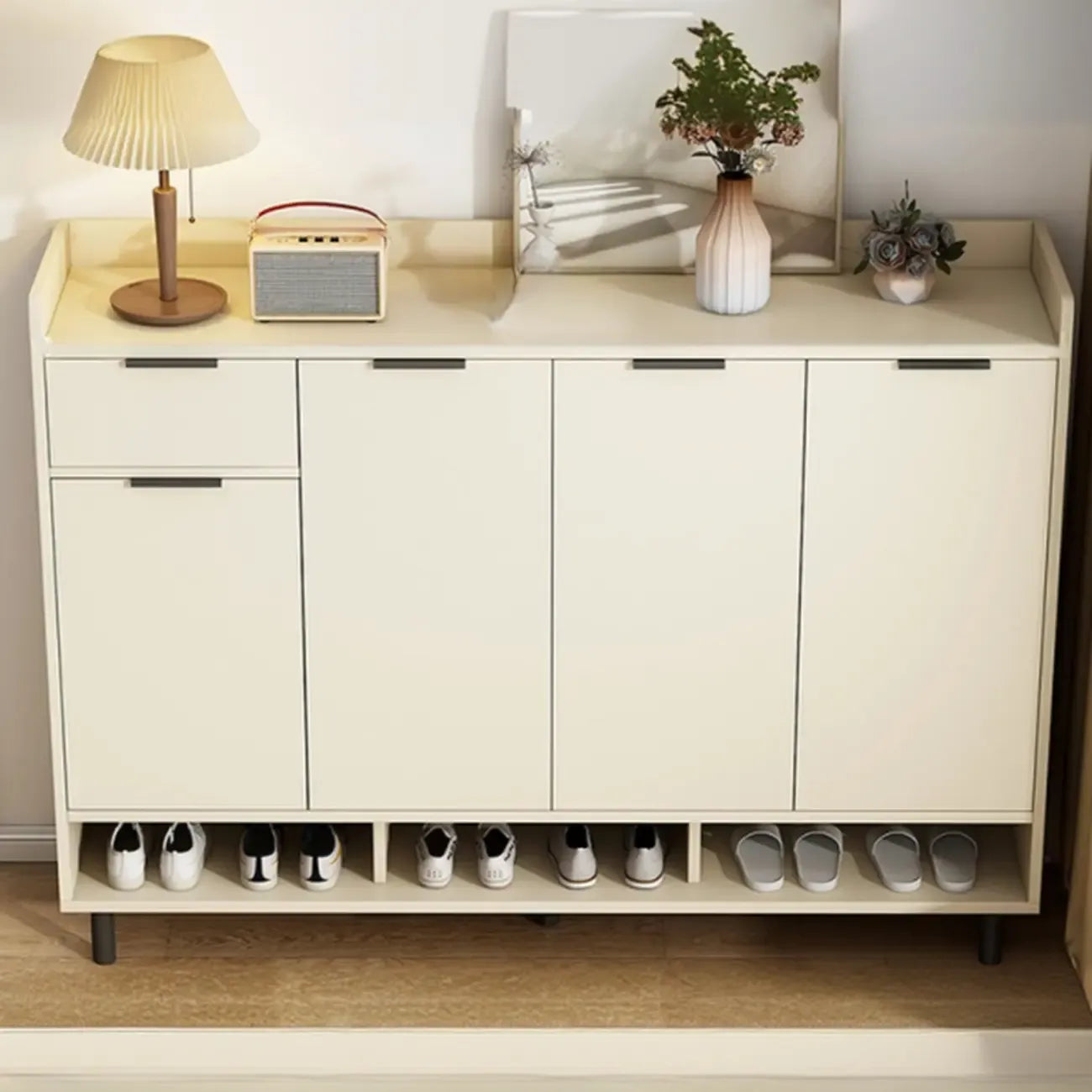 White Curved Panel Shoe Cabinet with Open Base Storages