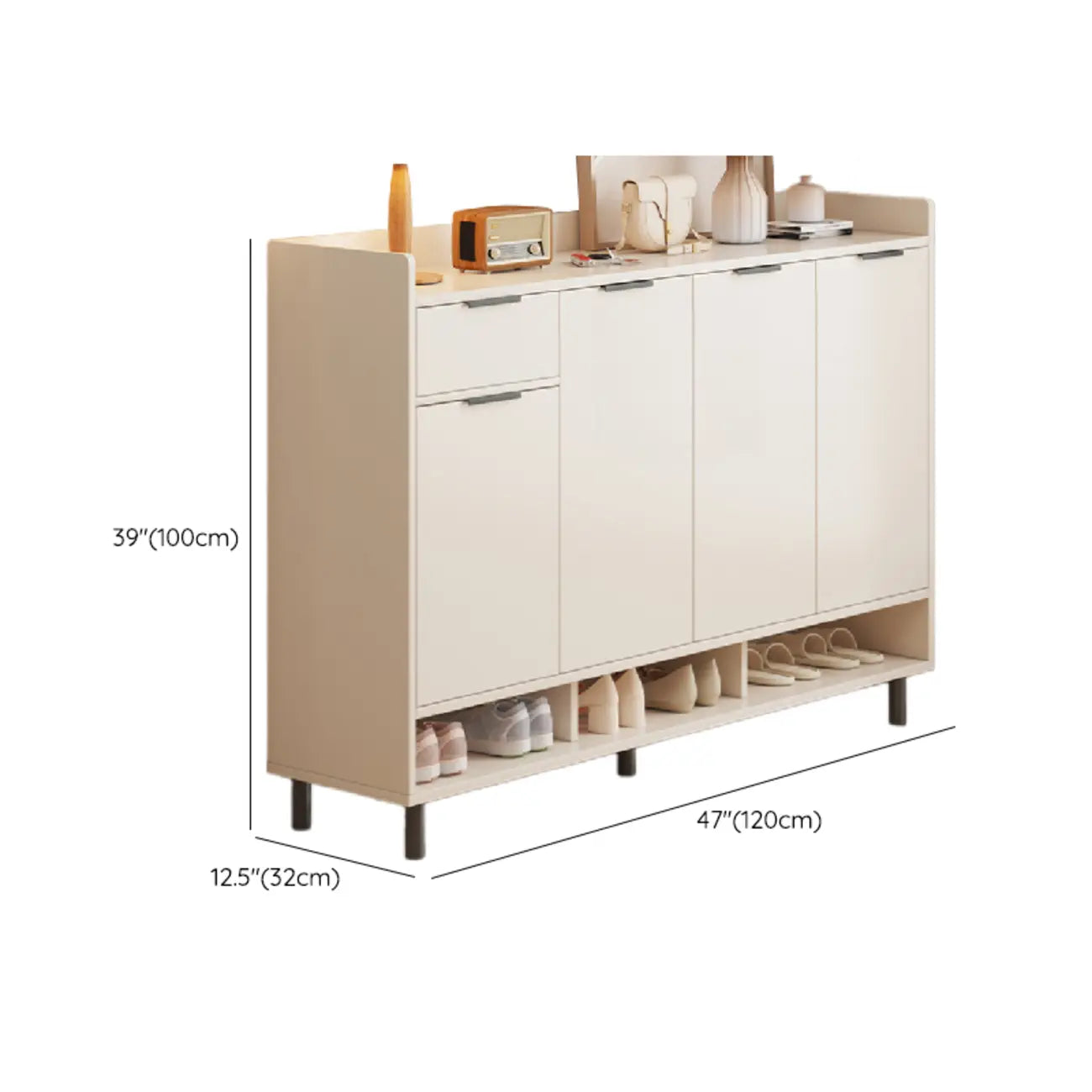 White Curved Panel Shoe Cabinet with Open Base Storages