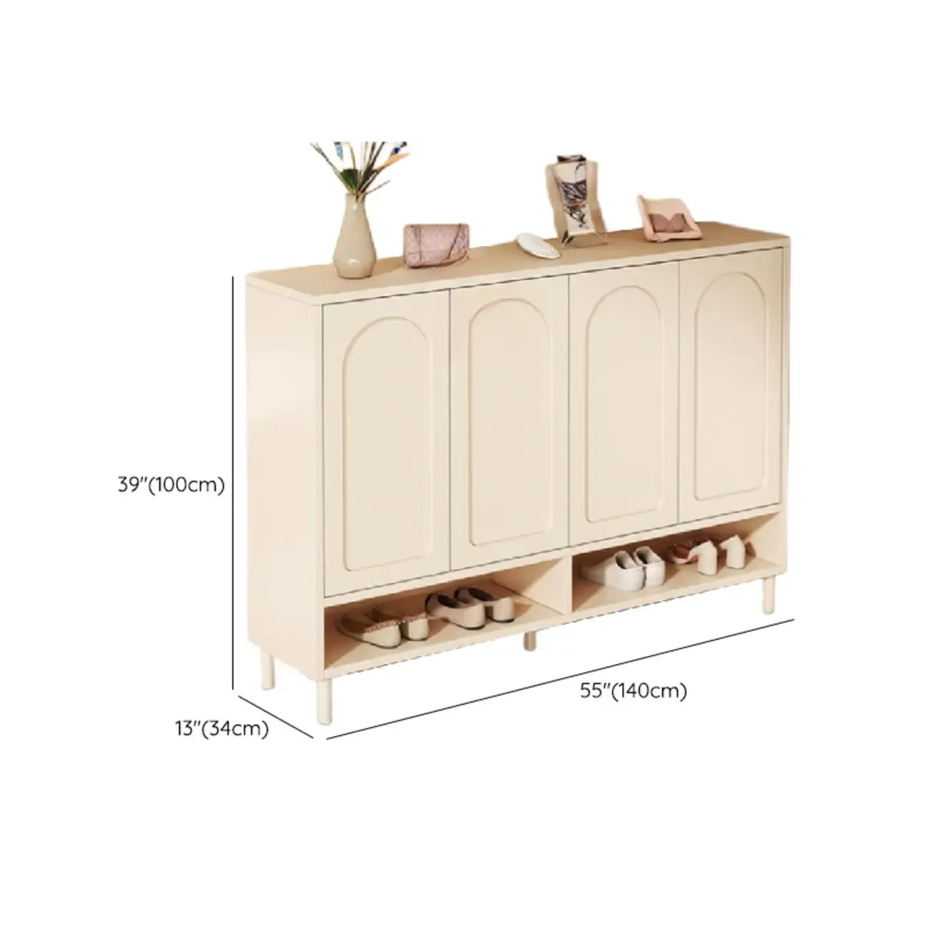 White Curved Panel Shoe Cabinet with Open Base Storages