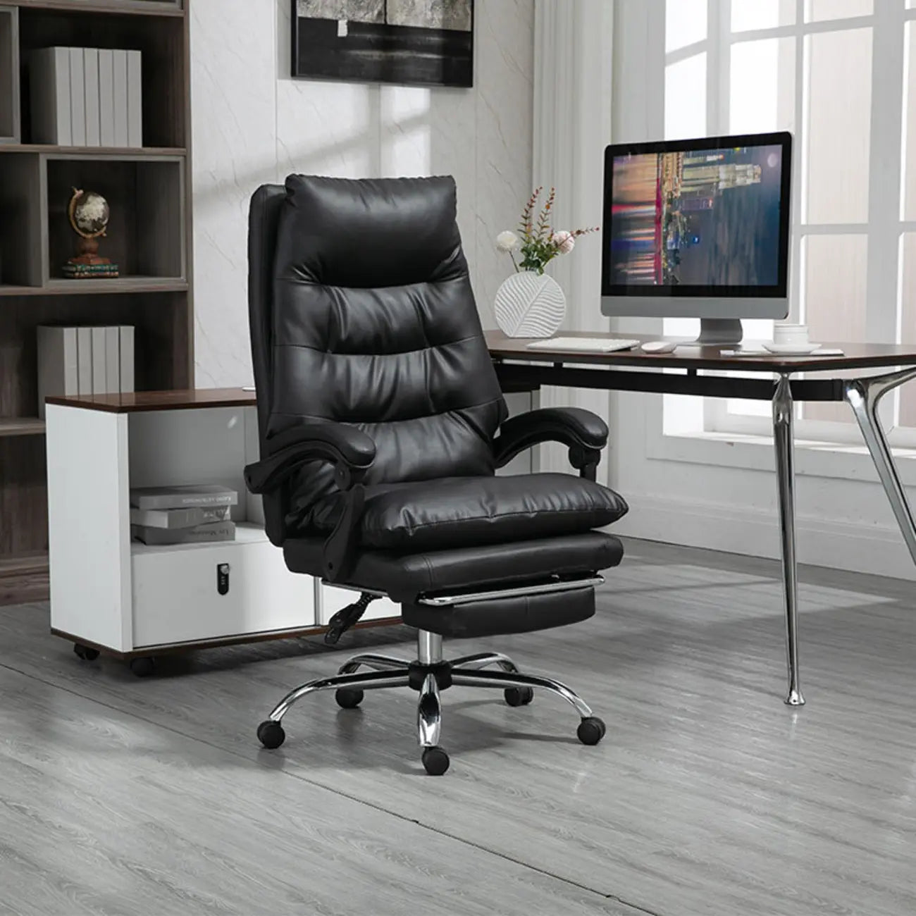 Reclining Black Leather Upholstered Office Chair