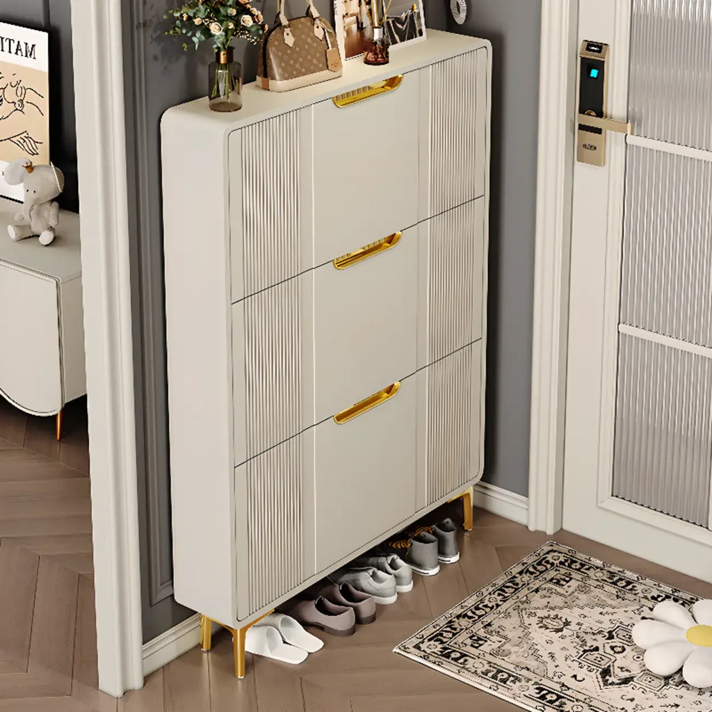 Slim White Drop-Front Shoe Cabinet for Entryway