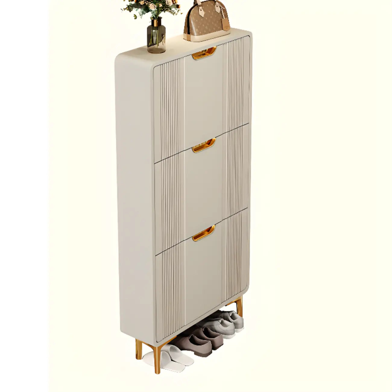 Slim White Drop-Front Shoe Cabinet for Entryway