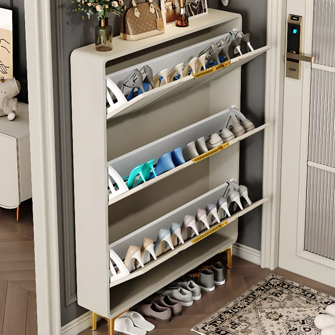 Slim White Drop-Front Shoe Cabinet for Entryway
