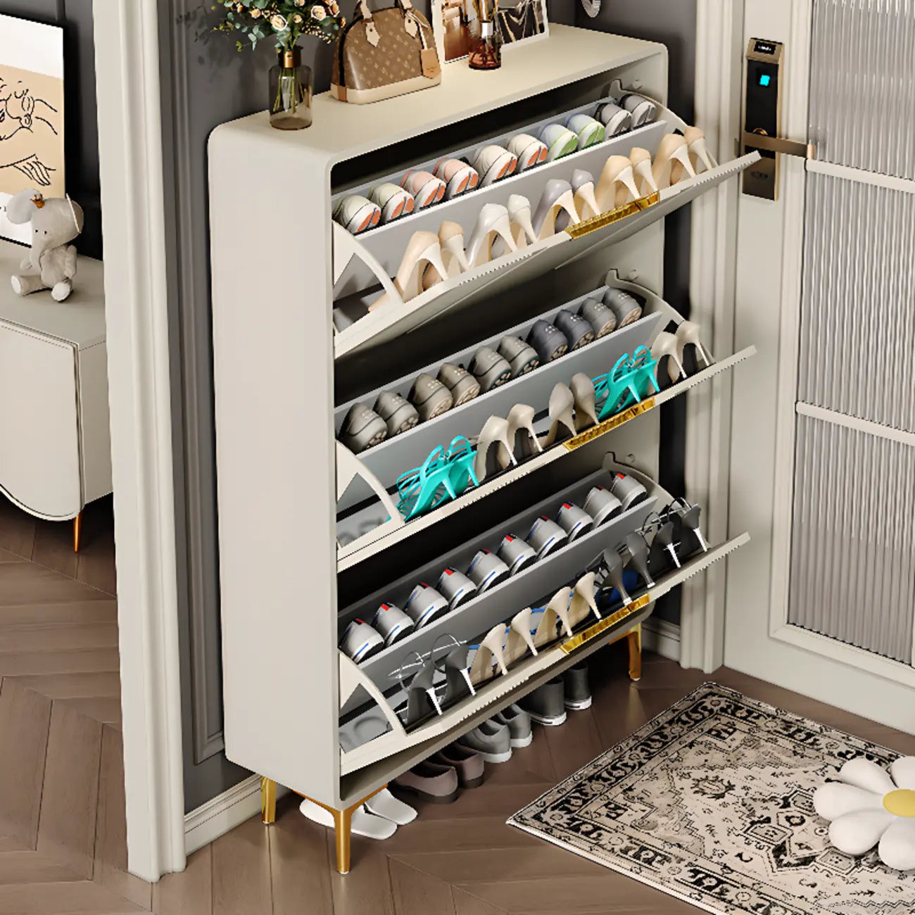 Slim White Drop-Front Shoe Cabinet for Entryway